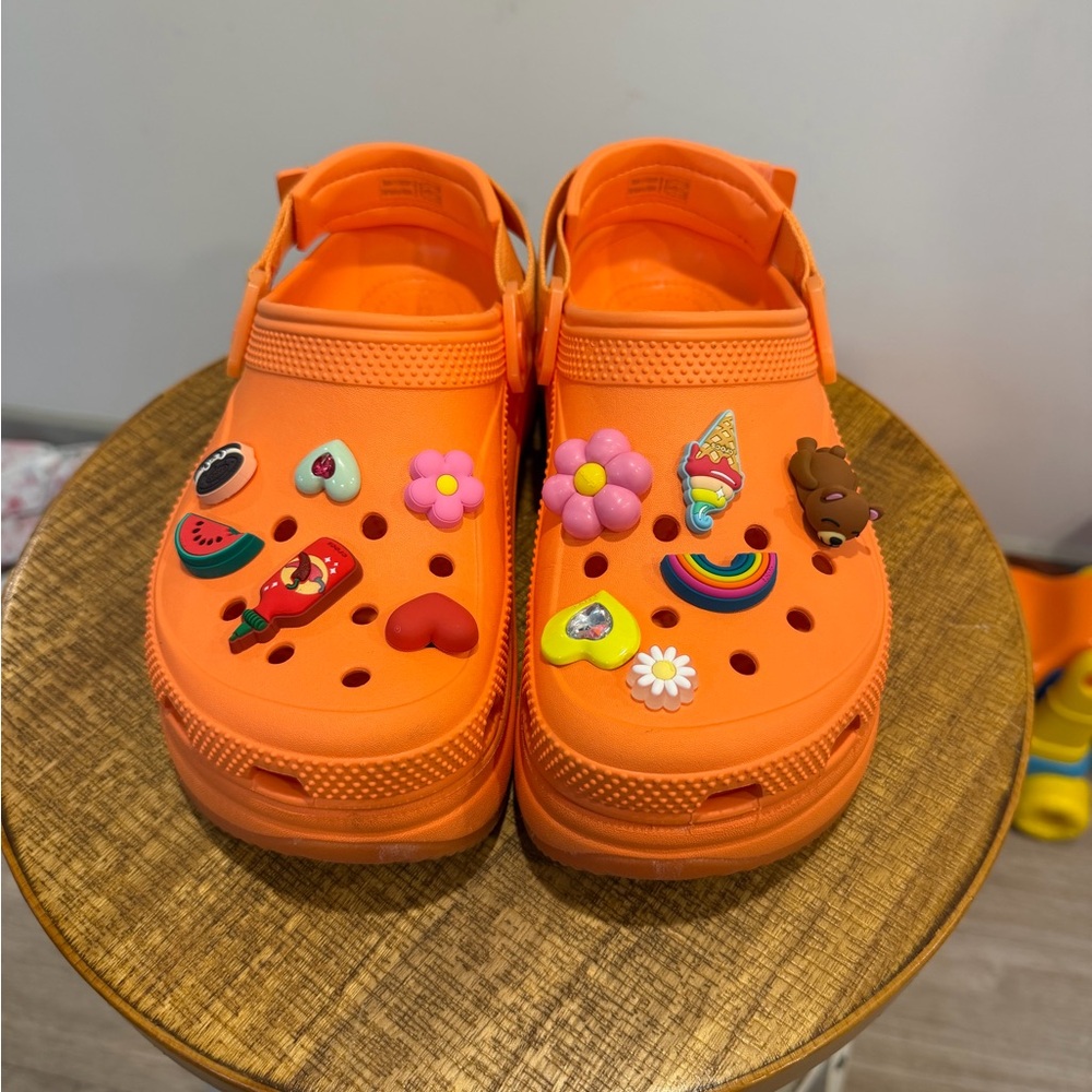 CROCS Orange Clogs with Colorful Charm Decorations